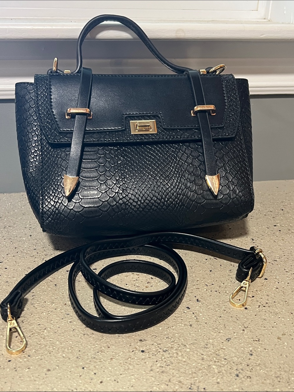 Structured Black Textured Satchel with Gold Hardware